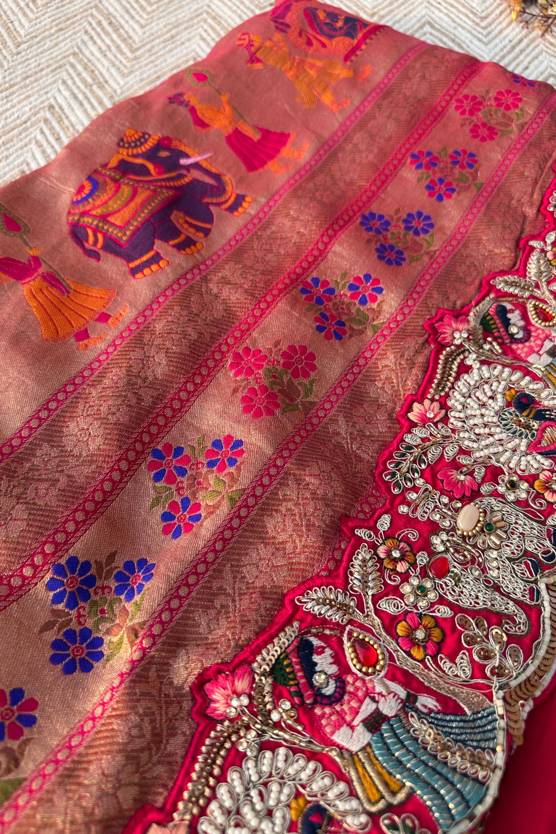 Red Georgette Unstitched Saree Embellished With Thread, Sequins, Zari, Moti & Cutdana work